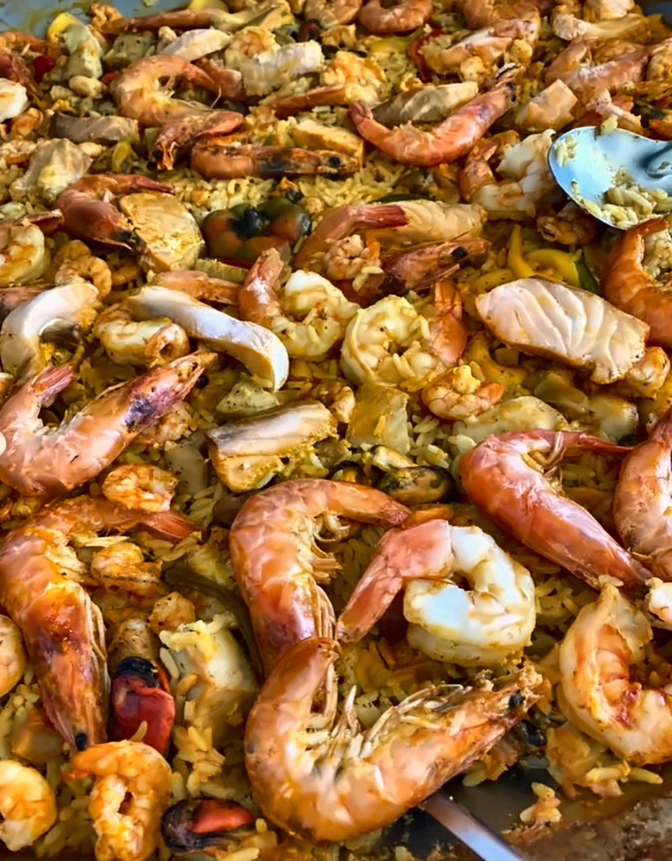 Close de paella com camarões, lula, peixe e mexilhões
